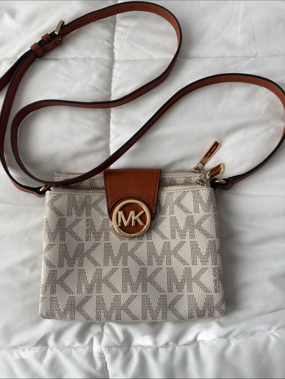 Michael Kors Beige Logo Canvas Crossbody with Tan Leather Trim